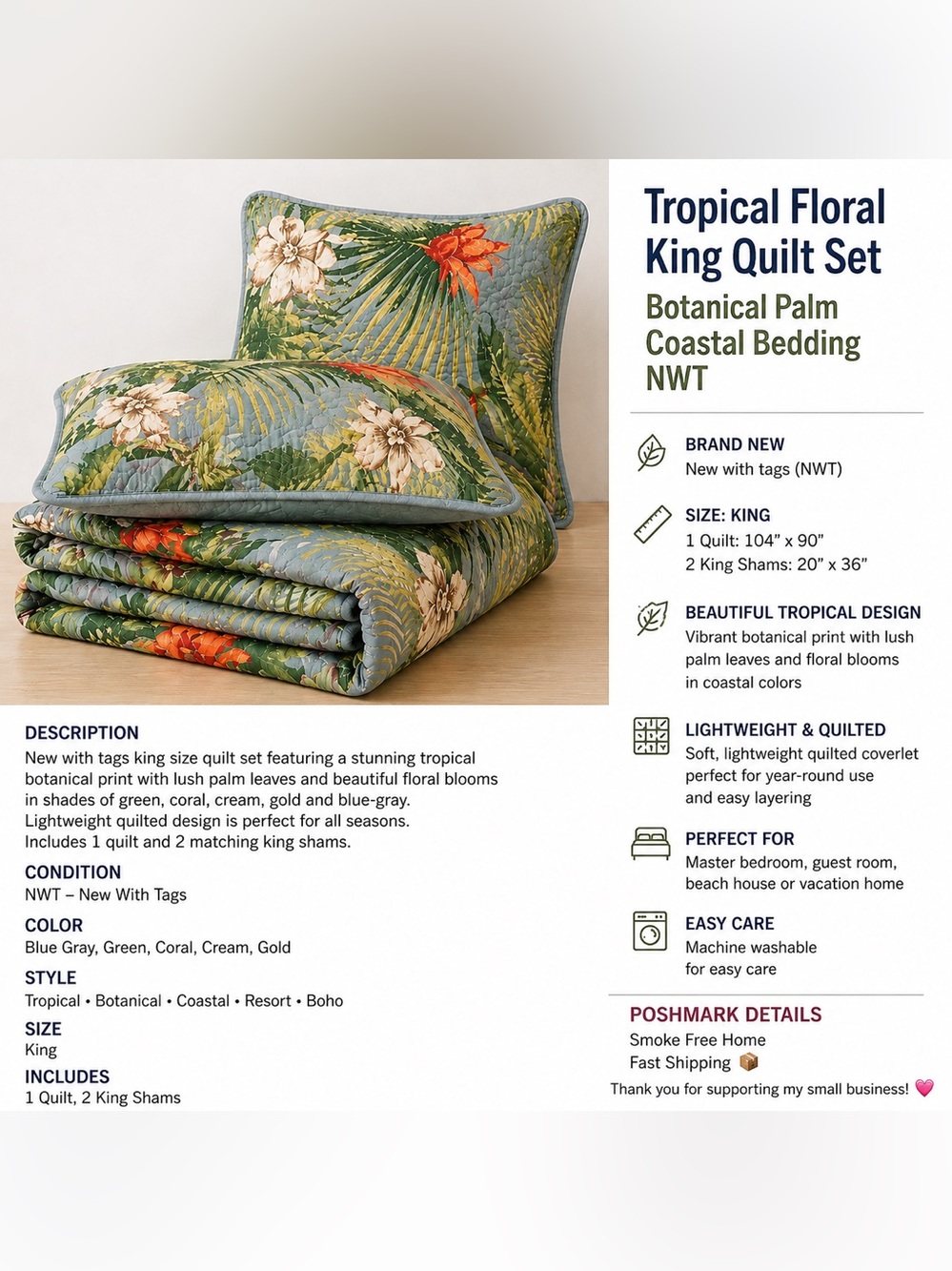 Tropical Floral King Quilt Set Botanical Palm Coastal Bedding NWT